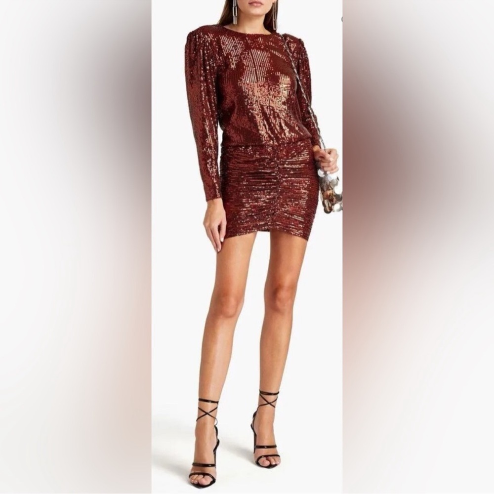 Retrofete Nwt Flynn Ruched Sequin Tulle Mini Dress In Copper Size Large